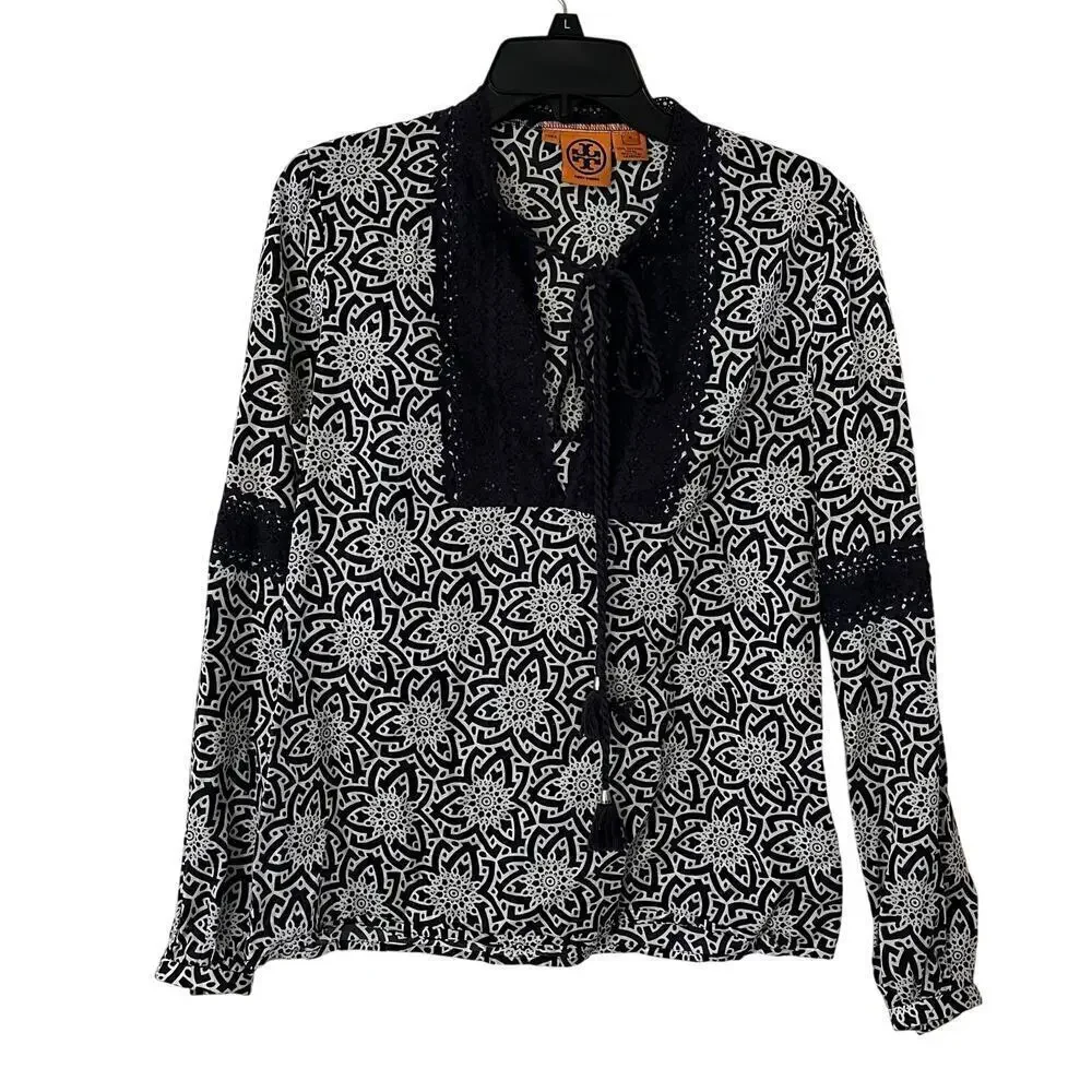 Tory Burch Boho Floral Lace Trim Top Long Sleeve Blouse Size 6